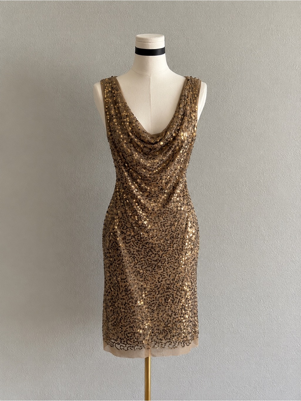 Y2K Gold Sequin Cowl Neck Mini Dress Max Studio Party Cocktail
